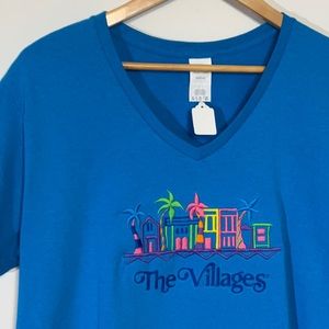 GILDAN sz X Large T Shirt The Villages Graphic Tee Shirt Bright Colors Blue Pink